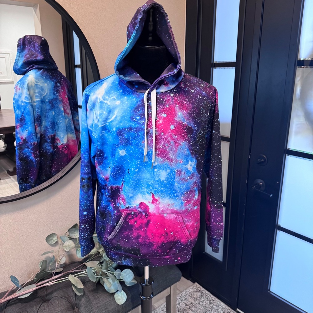 Sanatty Galaxy Print Hoodie Mens L XL Blue Purple Pink Nebula Space Pullover